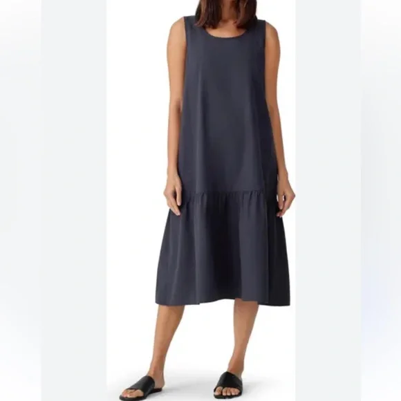 Eileen Fisher NWT Tiered Organic Cotton Midi Dress XL Sleeveless Blue Cotton - Picture 6 of 6